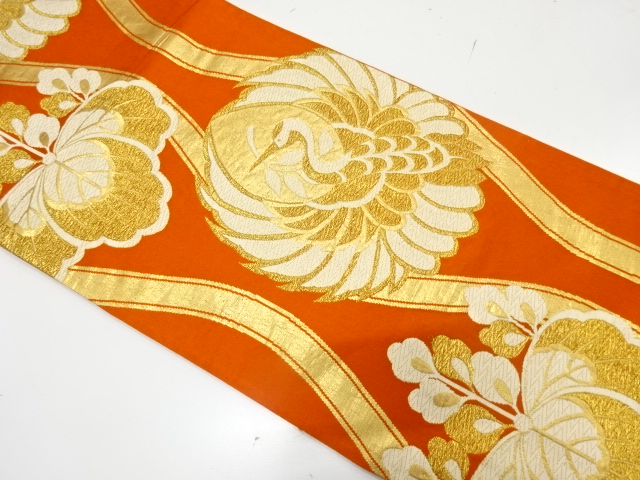 JAPANESE KIMONO / ANTIQUE FUKURO OBI / SILK / WOVEN CRANE & PAULOWNIA